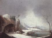 A winter landscpae with travellers gathered aroubnd a fire in a grotto,overlooding a lake,a monastery beyond, unknow artist